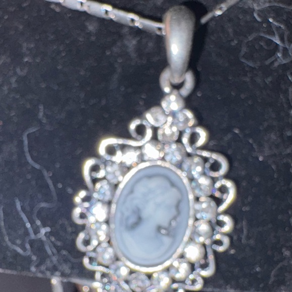 Vintage Silver Tone Cameo Blue & White with CZ Necklace 18" 3 In Extender - Picture 5 of 6